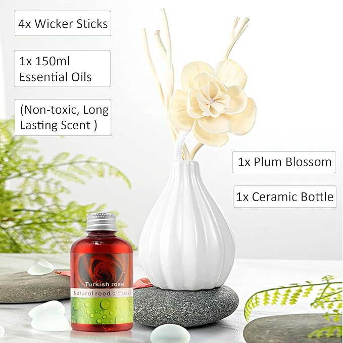 Reed Diffuser Set, Home Fragrance & Decorative Diffuser, Dried Flower Aromatherapy Oil Set, Oil Diffuser Sticks, Ceramic Bottle 5.07 oz(150ml) /1 Pack (TurkishRose)