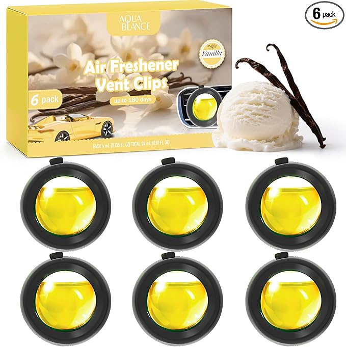 Car Air Freshener Vent Clips, Vanilla Scent, 6 Pack, Long Lasting Scent Up to 180 Days