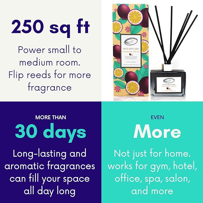 Air Jungles Passion Fruit Scent Reed Diffuser Set with Sticks 3.4 fl oz (Pack of 3), Long-Lasting Essential Oil Air Freshener for Bathroom, Office, Gym, and Bedroom Fragrance Freshener