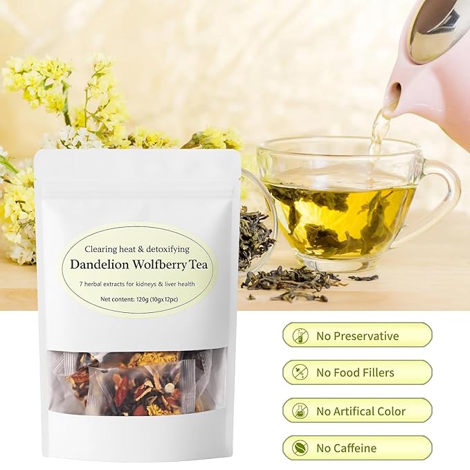 Dandelion Wolfberry Tea, Organic Dandelion Tea for Kidneys & Liver Health, Natural Herbal Ingredients(1 Pack/12 Bags)