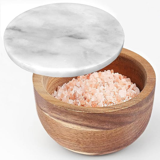 Large Wood Salt Box Salt cellar with Spoon Spice Salt Container salt holder Solid Natural Acacia Base White Grey Marble Lid Decorative Box Bowl Big Capacity Salt Cellar Spice Cellar
