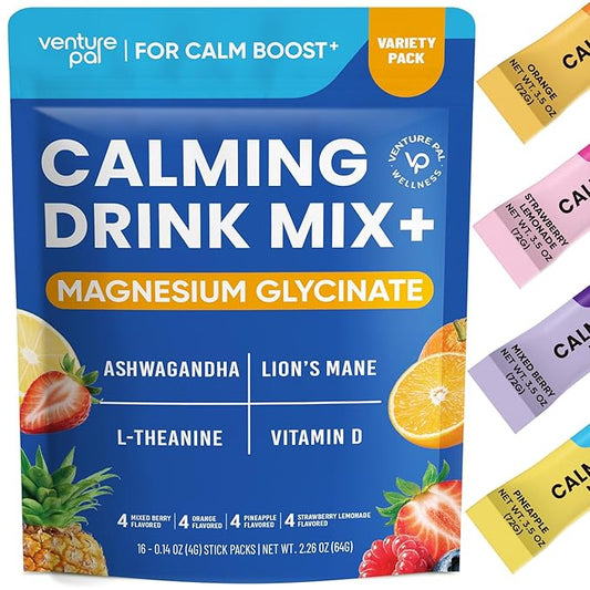 Venture Pal Calming Powdered Drink Mix, Magnesium Glycinate, Ashwagandha, L-Theanine,Vitamin D, Lions Mane, Sugar Free Magnesium Supplement Blend for Relax & Focus, Non GMO, Vegan, On The Go