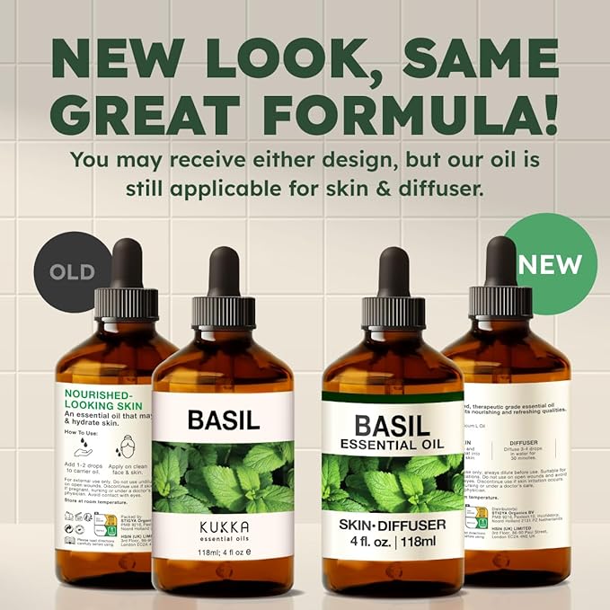 KUKKA Basil Essential Oils - 4 Fl Oz - for Hair, Skin, Diffuser, Aromatherapy & DIY Soap Making Scent