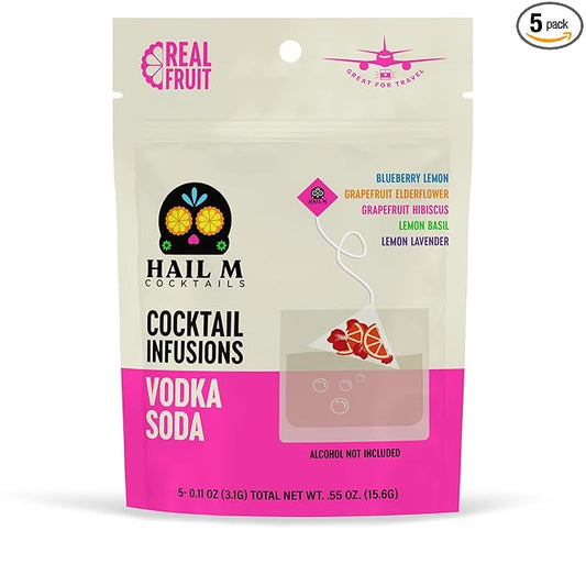 Vodka Soda Cocktail Infusion Kit – DIY Low Sugar Cocktail Kit, TSA-Approved Gift Made with Blueberry, Basil, Grapefruit, Hibiscus, Lavender, Lemon, Elderflower – Sugar Free – 5 Cocktail Teabags