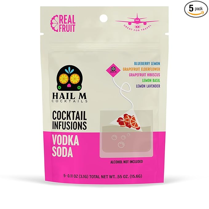 Vodka Soda Cocktail Infusion Kit – DIY Low Sugar Cocktail Kit, TSA-Approved Gift Made with Blueberry, Basil, Grapefruit, Hibiscus, Lavender, Lemon, Elderflower – Sugar Free – 5 Cocktail Teabags