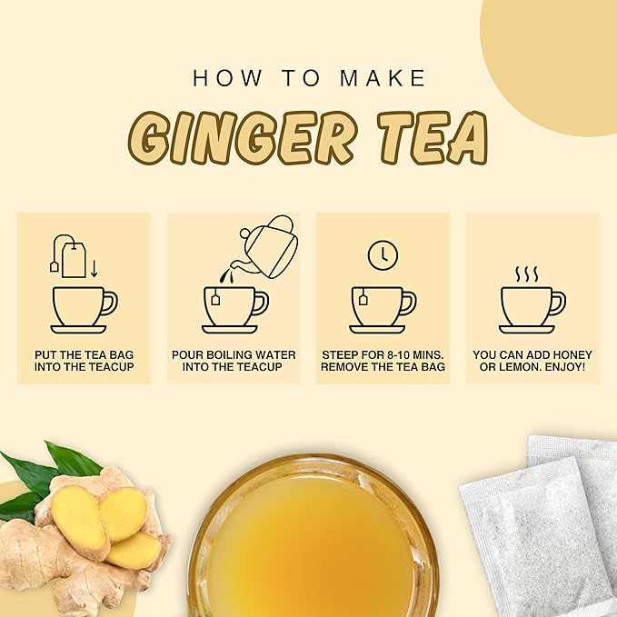 KHWAN’S TEA Ginger Tea Bags - Ginger Root Powder For Herbal Tea Bags, Caffeine Free Tea Bags, Supports Digestion, Soothing & Spicy (2g/Bag)