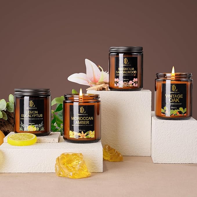 Scented Candle Set, Men Candle Set, Candles for Home Scented Gifts, 4Pack 28oz Soy Candles, Scents of Lemon Eucalyptus/Moroccan Amber/Magnolia & Sandalwood/Vintage Oak