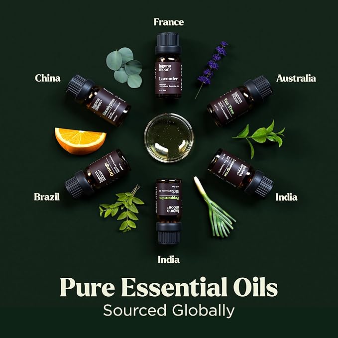 Lagunamoon Essential Oils Set - Top 6 Blends for Diffusers, Home Care, Candle Making Scents, Fragrance, Aromatherapy, Humidifiers, Gifts - Peppermint, Tea Tree, Lavender, Eucalyptus, Orange (10mL)