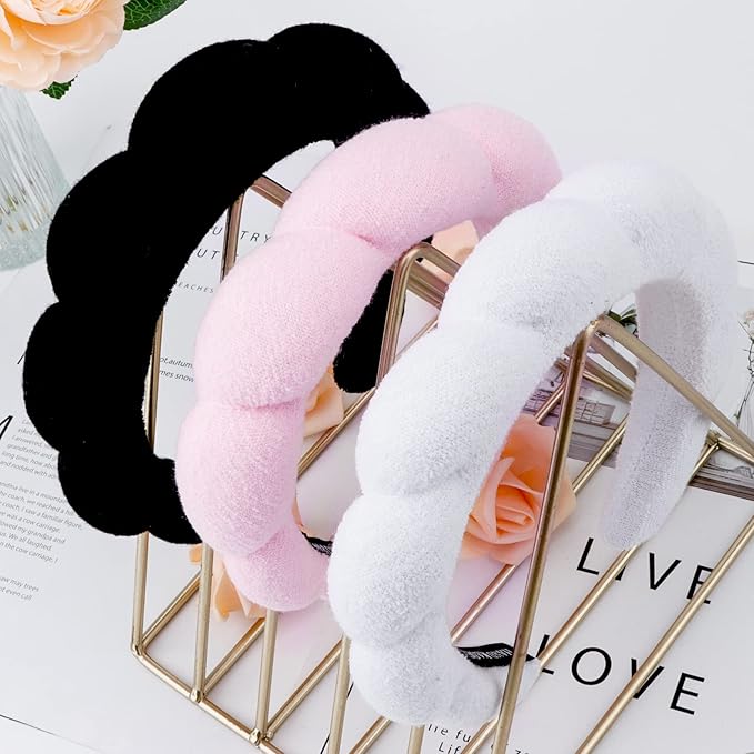 WHAVEL 3 Pack Spa Headband Skincare Headbands, Makeup Headband Sponge Terry Cloth Headbands Face Wash Headband Puffy Hair Band for Washing Face Women Girls (White, Pink, Black)