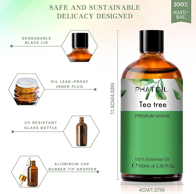 Tea Tree 3.38fl.oz Essential Oil, PHATOIL Pure Aromatherapy Oils for Diffuser, Humidifier, Perfect for DIY Soap, Candle, Bath Bombs Making(100ml)