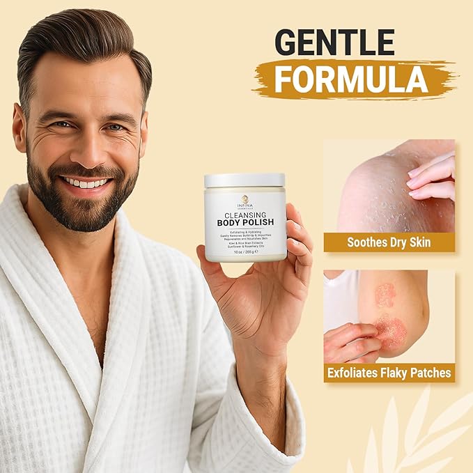 Exfoliating Body Scrub Polish 10 oz - Moisturizing & Hydrating Body Exfoliator with Kiwi & Rice Bran Extract – Gentle Cleansing Polish Scrub for Smooth & Nourished Skin by INFINA ESSENTIALS