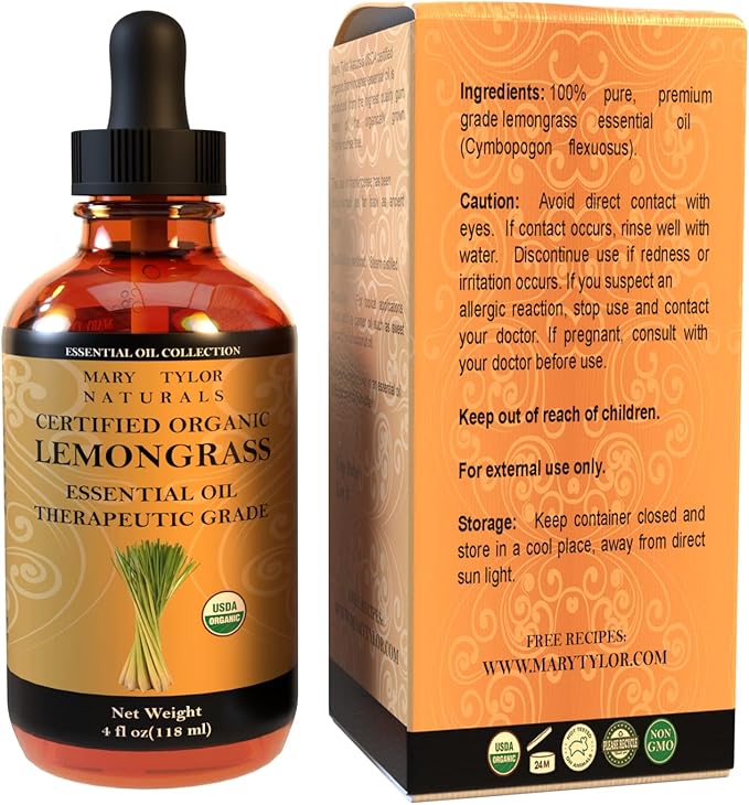 Certified Organic Lemongrass Essential Oil 4 oz Therapeutic Grade Perfect for Aromatherapy, Relaxation, DIY, Improved Mood, Diffuser by Mary Tylor Naturals