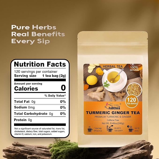 FullChea - Turmeric Ginger Tea Bags, 2g×120 Count - Premium Ginger & Turmeric - Non-GMO - Caffeine-free-Boost Immunity & Aid Digestion