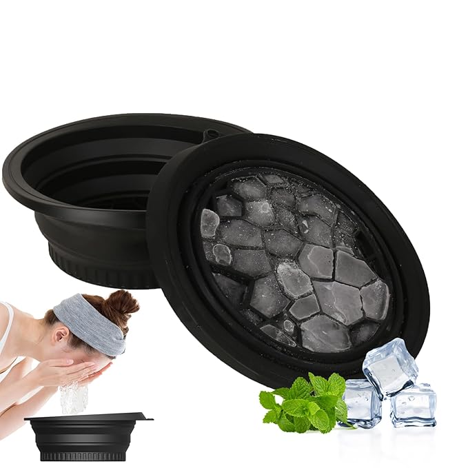 Face Bowl for Ice with Built-in Ice Tray – Collapsible Silicone Facial Ice Bath Bowl for Cold Plunge Therapy, Acne Relief & Skin Tightening – Black Home, Camping & Travel Portable Spa Tool