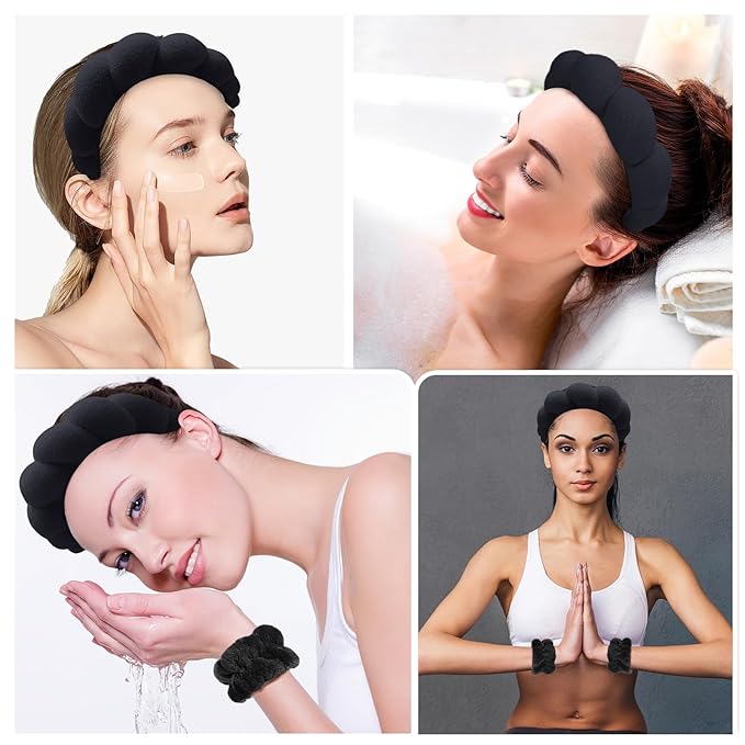 Zkptops Spa Headbands for Washing Face or Facial Sponge Makeup Skin Care Headband Wristband Set Towel Bubble Soft Sponge Hairband for Women Girls Puffy Winter Non Slip Thick Thin Hair Accessory(Black)