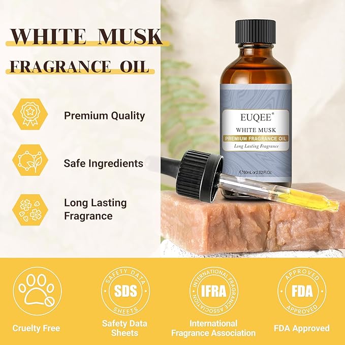 EUQEE White Musk Fragrance Oils for Home Aromatherapy, Premium White Musk Essential Oil with Glass Dropper for Diffusers, Candle & Soap Making, Bath Bombs (2.02 Fl oz/60 ml)