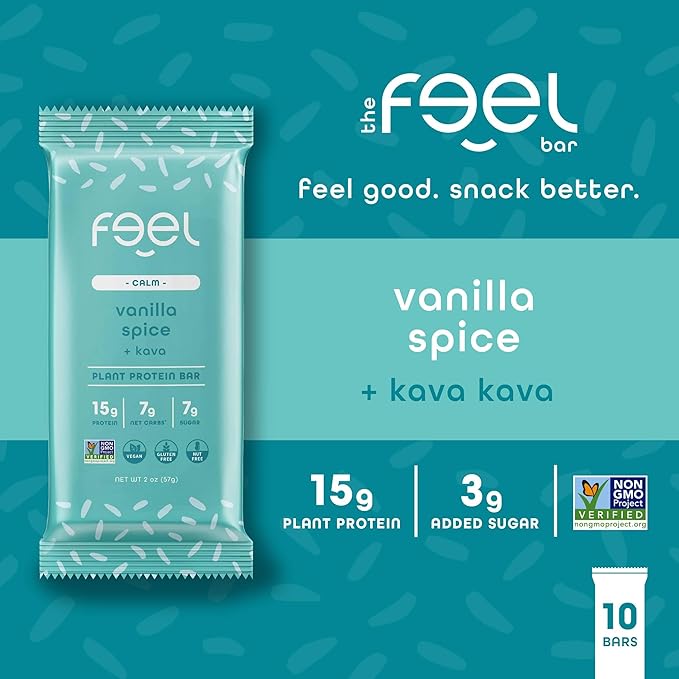 Feel Vegan Protein Bars | Vanilla Spice | Keto | Gluten Free | Organic | Kava | 15g Protein | Low Carb | Dairy Free | Grain Free | Soy Free | Nut Free | Low Sugar | Non GMO - 10 Pack