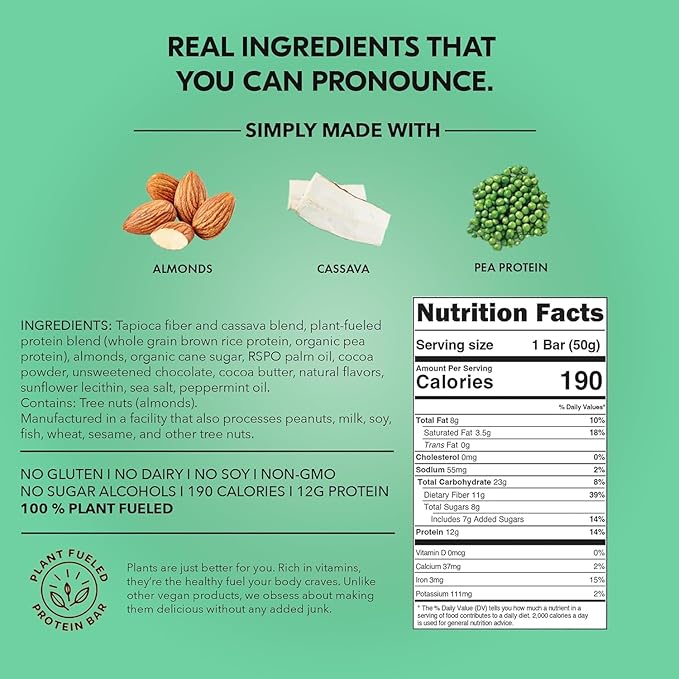 TRUBAR Vegan Protein Bars - Soy Free, Dairy Free, Gluten Free Protein Bars - No Sugar Alcohols - Non-GMO - 12g of Protein - It's Mint To Be Chip - 12 Count