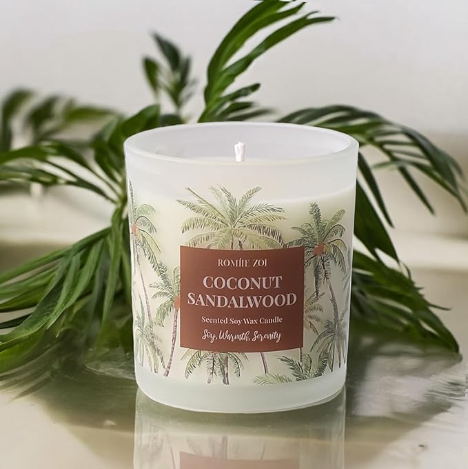 ROMIIE ZOI Coconut & Sandalwood Scented Candle - 6oz Soy Wax Candle for Home Scented, Stress Relief Candle Gifts for Women/Men
