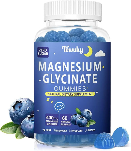 Magnesium Glycinate Gummies 400mg - Sugar Free Vegan Gummies for Adults & Kids with Vitamin D3, B6, C, CoQ10, Collagen, Zinc - Sleep, Muscle, Bone & Memory Support - 60 Blueberry Chewables