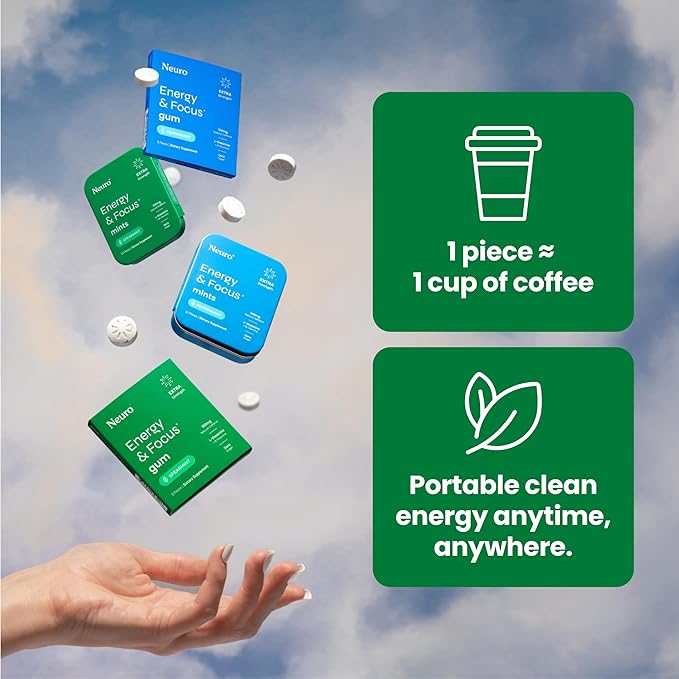 NeuroGum Extra Strength Energy & Focus Mints (Spearmint, 90 Pieces) | 100mg Natural Caffeine + L-Theanine + Vitamin B12 & B6 | Sugar Free Nootropic Cognitive Brain Performance Supplement