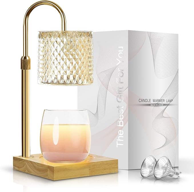 Candle Warmer Lamp, Candle Lamp Wax Warmer, Timer & Dimmer 7-Levels, Fits Cup Jar Candle, Top Melting, Crystal Heater Lamp for Scented Wax, Elegant Home Decor, Brass Glass