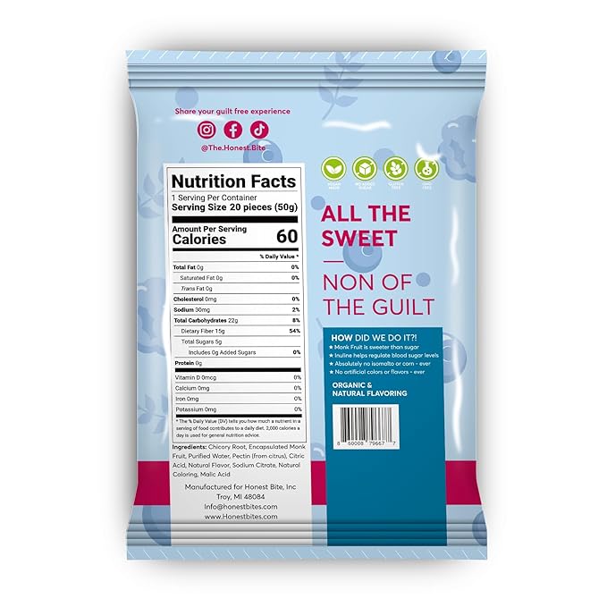Honest Bites Low Sugar Sour Gummy Candy, Sour Blue Raspberry Flavor - Low Calorie, Keto Friendly, Low Sugar Snack for Diabetics, Zero Carb - 6 Pack