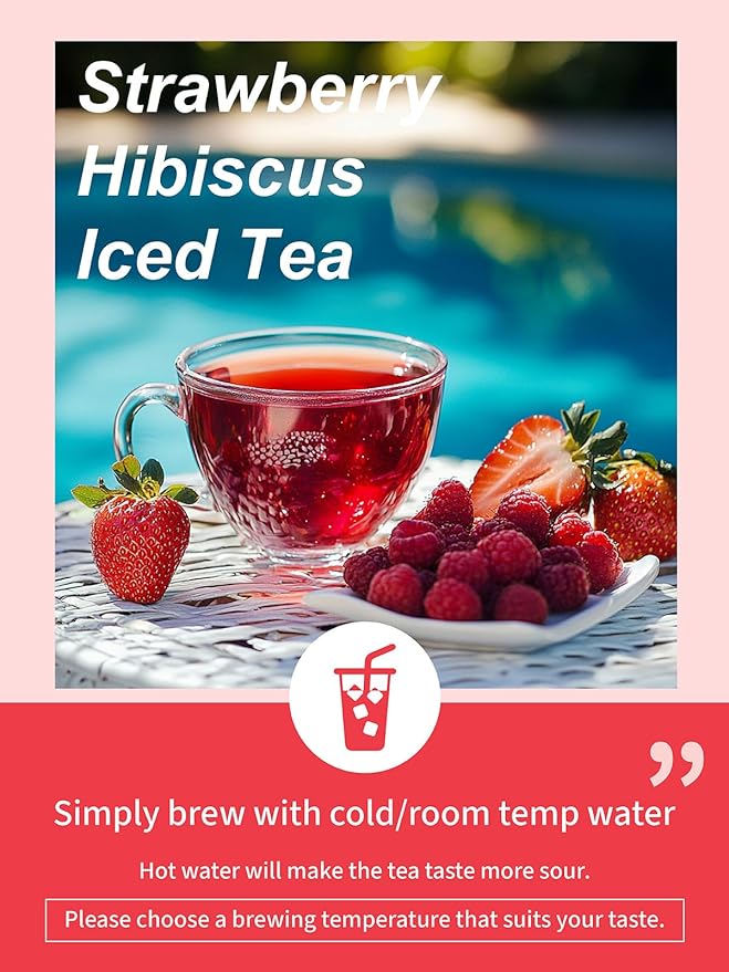 TeeLux Strawberry Hibiscus Iced Tea, Natural Hibiscus Tea with Stevia and Rosehip, Tangy & Sweet Flavor, Caffeine Free, 100 Count