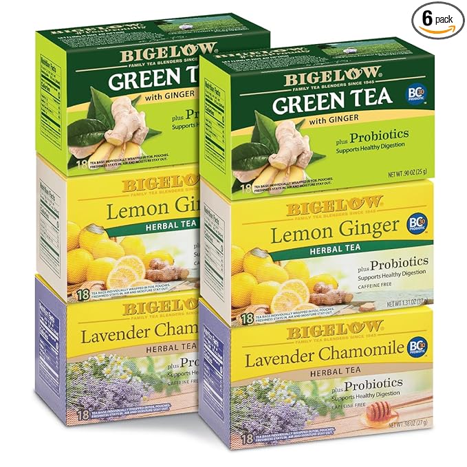 Bigelow Tea Probiotic 3 Flavor Tea Variety Pack, Caffeinated and Caffeine Free Green Tea Bags and Herbal Tea Bags, 18 Count Box (Pack of 6), 108 Total Tea Bags