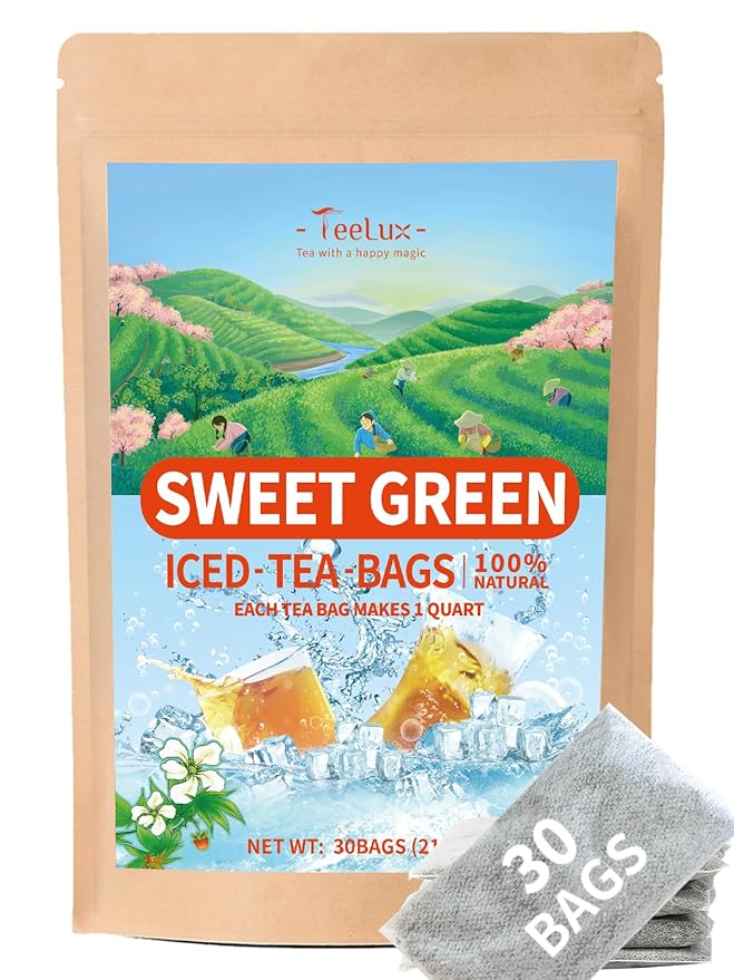 TeeLux Sweet Iced Tea Bags, Green Tea Blended with Natural Sweet Tea, Quart-Sized Refreshing Iced Green Tea, Zero Sugar, 30 Count