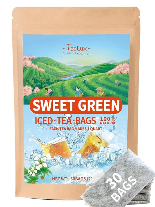 TeeLux Sweet Iced Tea Bags, Green Tea Blended with Natural Sweet Tea, Quart-Sized Refreshing Iced Green Tea, Zero Sugar, 30 Count
