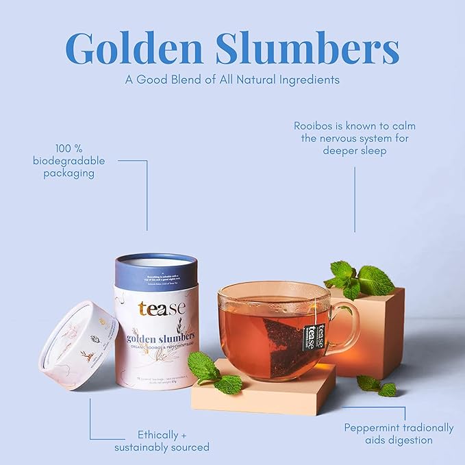 Tease Tea Herbal Sleep Tea - Golden Slumbers Calming and Relaxing Tea, Best Sleep Aid Tea, Caffeine Free Calming Tea Made with Rooibos, Lemon, and Peppermint for a Better Quality Deep Sleep