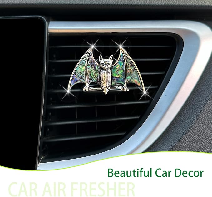 Bat Air Vent Clip Car Air Freshener Outlet Clips Natural Abalone Shell Seashell Color Vampire Bat Car Accessories Gothic Car Decor Refillable Car Diffuser Clips (Medium Bat)