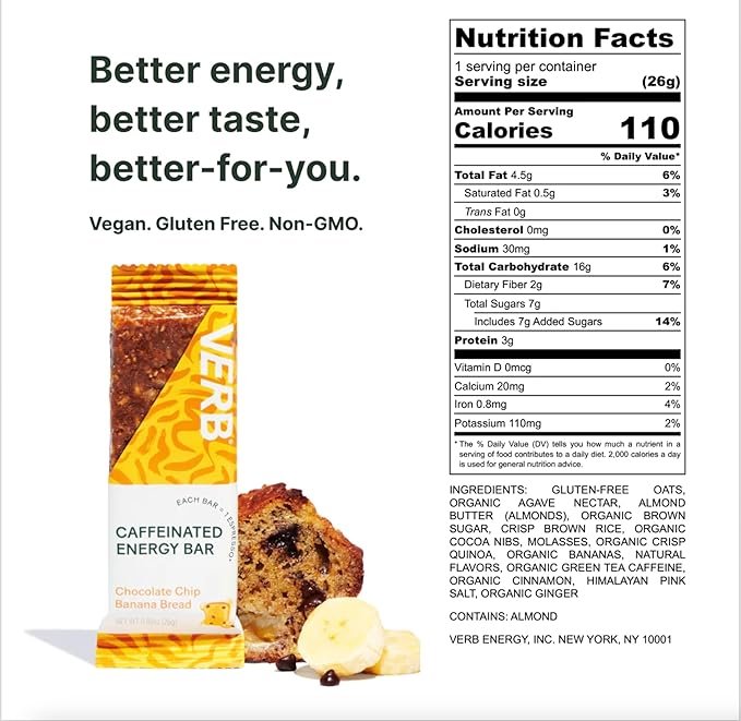 Verb Caffeinated Energy Bars Chocolate Chip Banana Bread (26g, Pack of 16) 110-Calorie Delicious Energy Bar, Gluten Free On-the Go Snack with 80mg Green Tea Caffeine, Only Real-Food Ingredients
