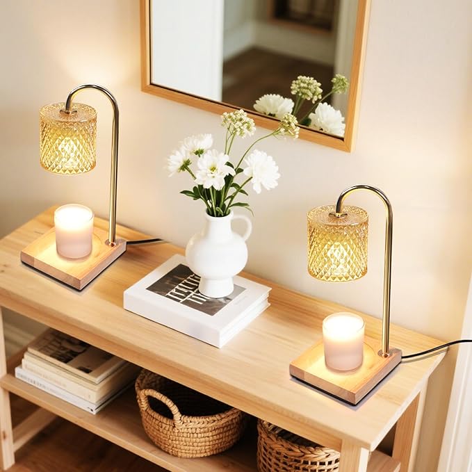 2 Pack Candle Warmer Lamp with Timer & Dimmer, Perfect Housewarming & Birthday Gifts for Women and Mom, Stylish Home Decor for Scented Wax & Jar Candles, Elegant Amber Glass Design