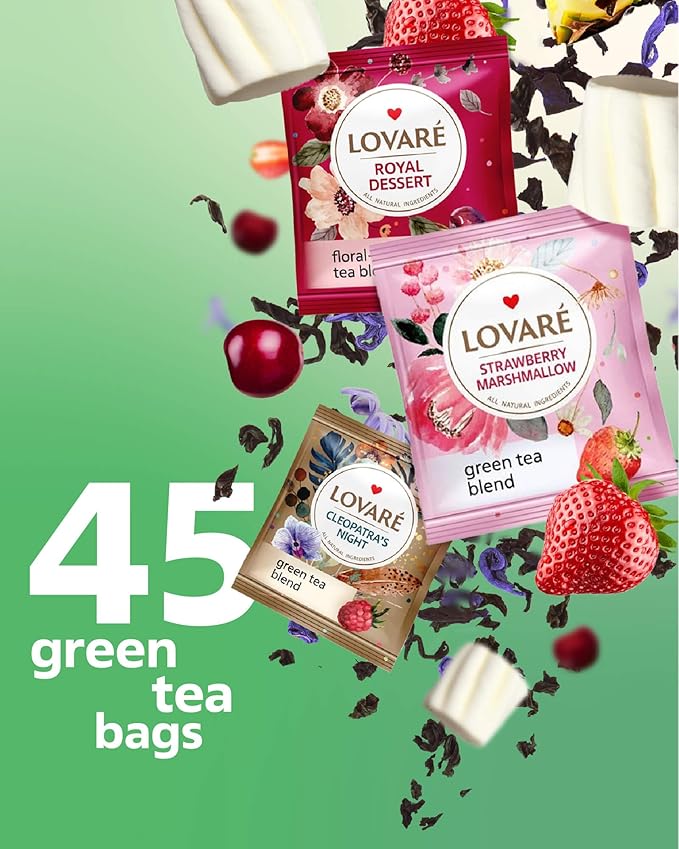 LOVARE Black and Green Tea Bags Variety Pack - Made in Ukraine Tea Sampler - Individually Wrapped 90 Assorted Tea Bags - Gift Box For Tea Lovers (FEST TEA SET)