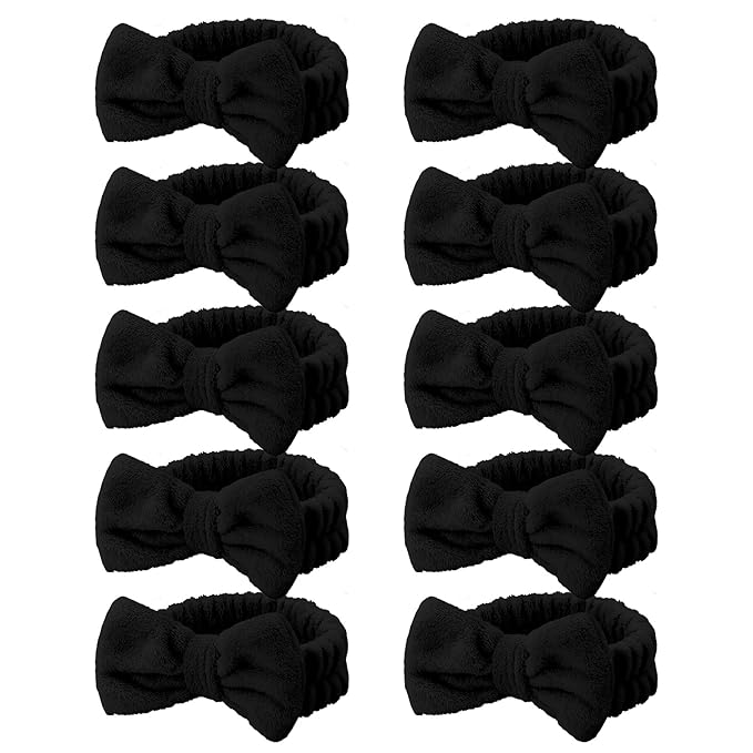 10 Pcs Black Face Wash Headbands, Spa Gifts for Women Girls, Soft Coral Fleece Skincare Headband, Bow Hair Bands, Beauty Headbands for Face Washing Shower Skin Care Yoga