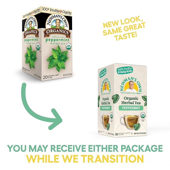 Newman's Own Organic Peppermint Tea Caffeine Free Refreshing Mint Herbal That May Aid Digestion with 20 Individually Wrapped Bags Per Box USDA Certified 2.8219 Ounce