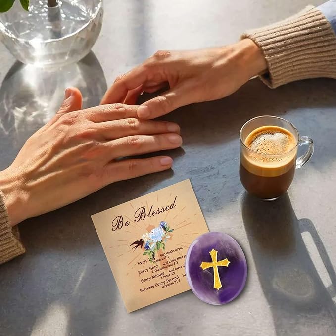 LAIDANLA Amethyst Cross Engraved Healing Crystal Worry Stones for Pray Faith Anxiety Relief Oval Palm Stone Polished Natural Crystal Gifts