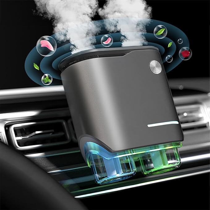 Smart Car Air Fresheners with Dual-Channel Diffuser & 4pcs Essential Oils, Automotive Scent Dispenser Rechargeable Aromatherapy Diffuser Vent Clip for Cars, 3 Adjustable Modes, Long-Lasting Fragrance