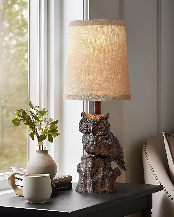 14.25" Small Table Lamp for Living Room Farmhouse Bedside Resin Single Lamp with Brown Owl Lamp Shape for Bedroom Retro Rustic Nightstand Lamp