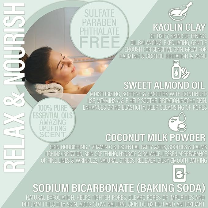 Luxiny Vegan Milk Bath Soak Made with Moisturizing Coconut Milk Powder, Essential Oil, & Sweet Almond Oil for a Bath Bomb Dust Soothing Fizz & Relaxing Soak, 8 oz. (Eucalyptus Spearmint)