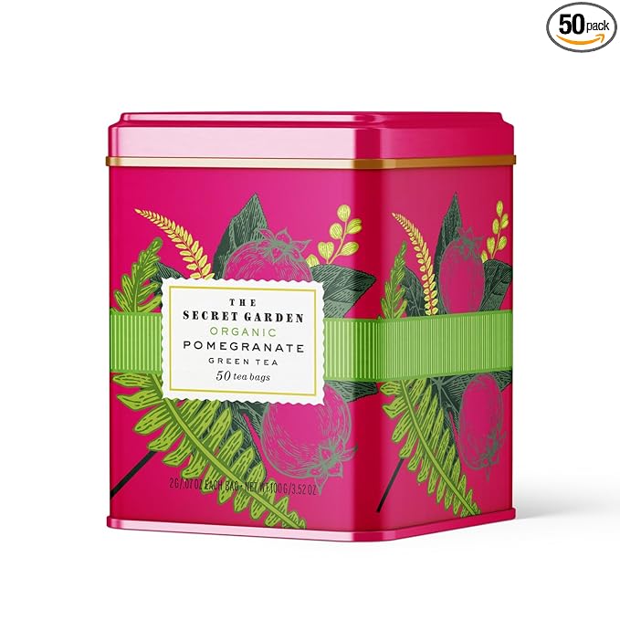 Life Plus Style Gourmet The Secret Garden Organic Pomegranate Green Tea Natural Caffeinated Herbal Leaf 50 Tea Bags Gift Tin USDA Certified Non-GMO Sugar Free Antioxidant Rich Green Tea