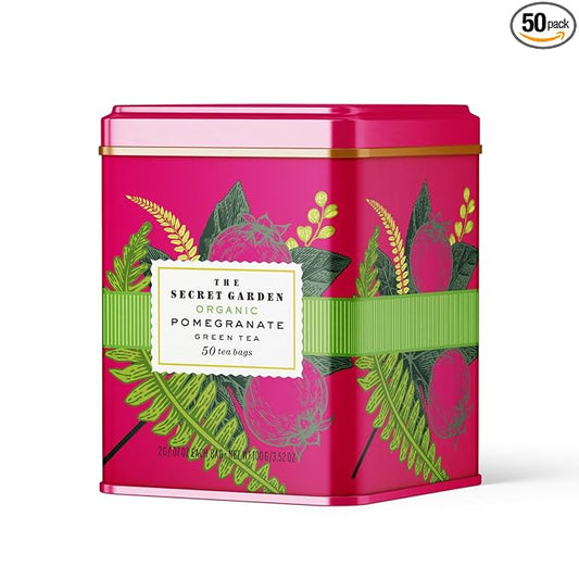Life Plus Style Gourmet The Secret Garden Organic Pomegranate Green Tea Natural Caffeinated Herbal Leaf 50 Tea Bags Gift Tin USDA Certified Non-GMO Sugar Free Antioxidant Rich Green Tea