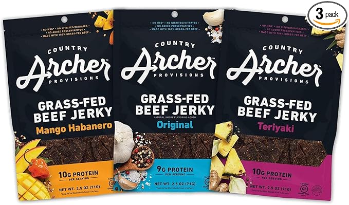 Country Archer Grass-Fed Beef Jerky Variety Pack - Beef Jerky Snack Packs, Beef Jerky Assortment, Jerky Sampler with Original, Mango Habanero, Teriyaki Beef Jerky- 2.5 oz (Pack of 3)