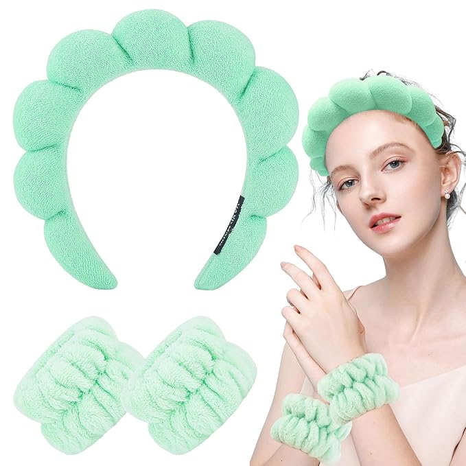 Zkptops Spa Headband for Washing Face Wristband Set Sponge Makeup Skincare Headband Wrist Towels Bubble Soft Hairband for Women Puffy Headwear Winter Non Slip Thick Thin Hair Accessory(Light Green-3)
