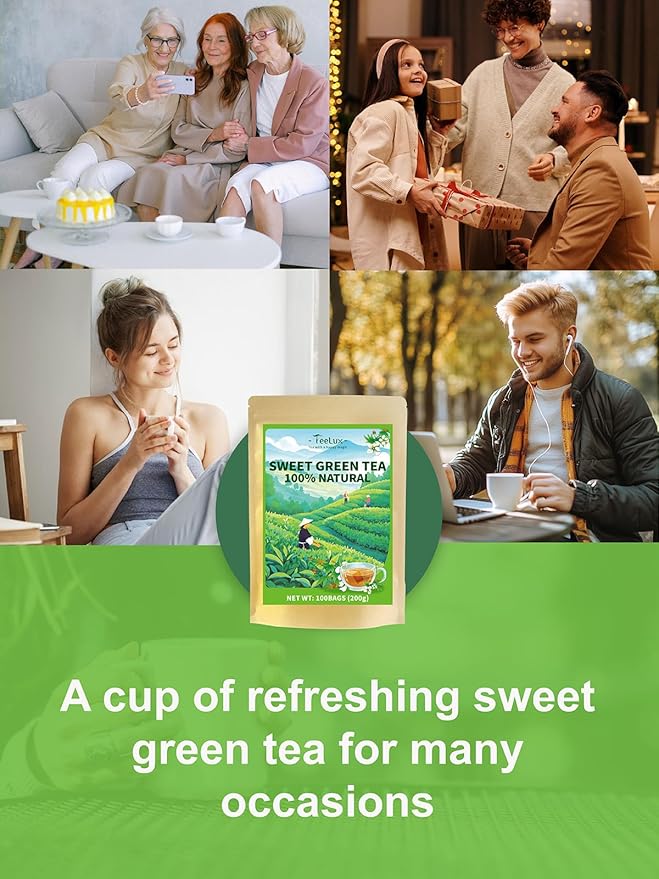 TeeLux Sweet Green Tea Bags, Green Tea Blended with Natural Sweet Tea, Brisk & Sweet Taste, Zero Sugar, 100 Count