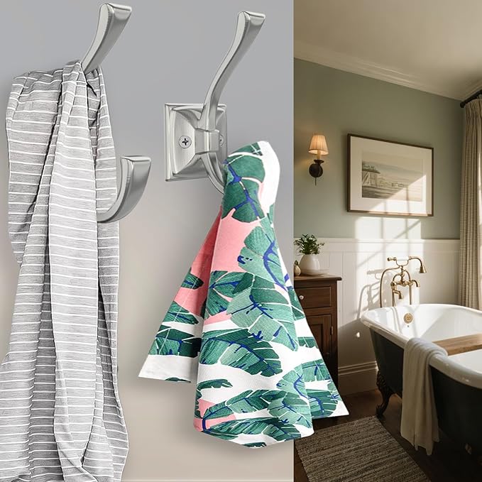 2 Pack Brushed Nickel Towel Robe Hooks, Coat Hooks for Wall Hanging Hat, Key, Bag, Mudroom Hook Entrance Bathroom Door Decorative Heavy Duty Hats Hanger