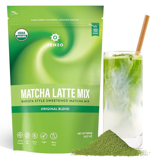 Tenzo Matcha Green Tea Powder, Organic Cafe Sweetened Matcha Latte Green Tea Powder, Ceremonial Barista Crafted Mix - Authentically Japanese - Matcha Latte Mix (35.27 Ounce)