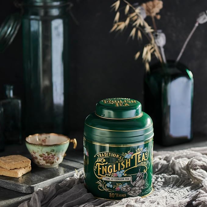 New English Teas Vintage Victorian Tea Caddy with 80 English Teabags (Bottle Green)